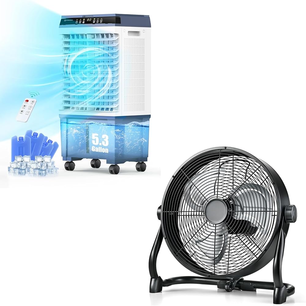 1800 CFM Blue Evaporative Air Cooler & 12 Inch Battery Operated Fan Bundle