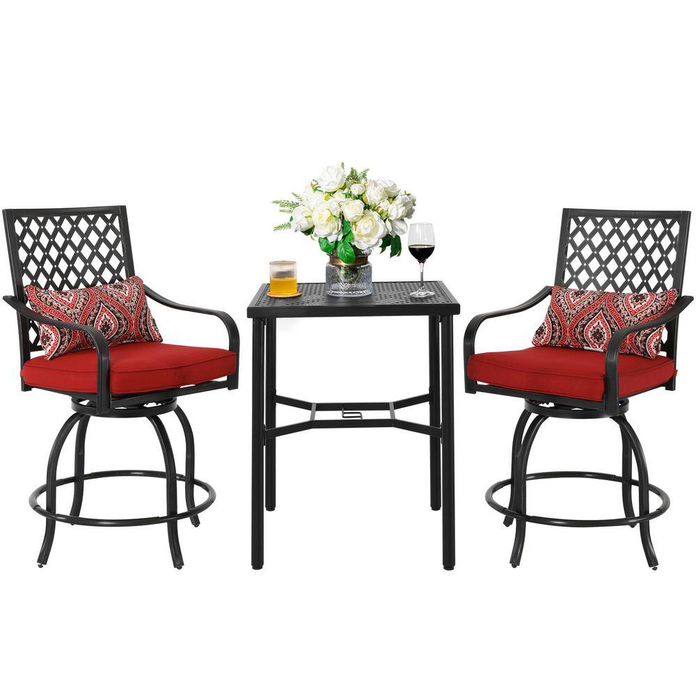 Nuu Garden 3-Piece Patio Swivel Bistro Set Outdoor Balcony Furniture Set with Red Cushions