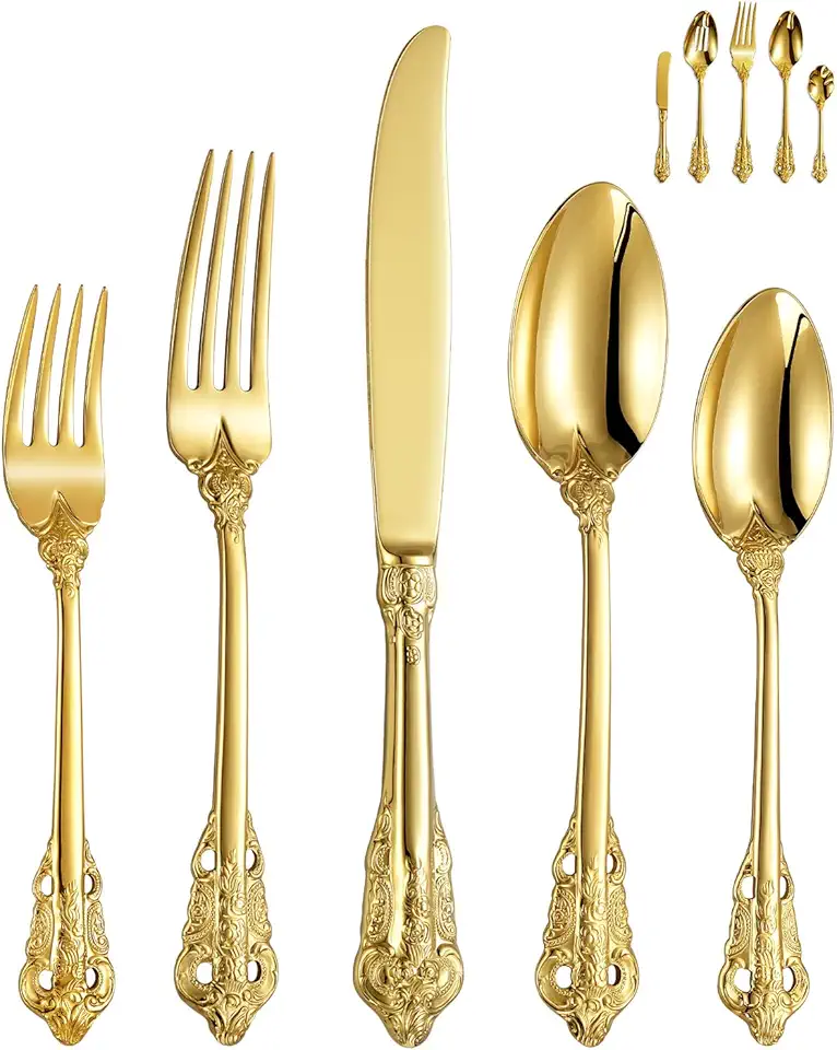 KEAWELL Gorgeous 65 Piece Gold Flatware Sets, Heavy Tableware Antique Gold Flatware Set, 8/10 Stainless Steel, Service for 12, Antique Baroque Gold-plated Silverware Set