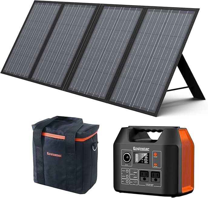 Power station with Solar Panel Bundle w/Carrying Case, EnginStar 300W Solar Generator w/ 60W Solar Panel for Travel, Hunting, Emergency Backup Power, Outdoor Camping, RV