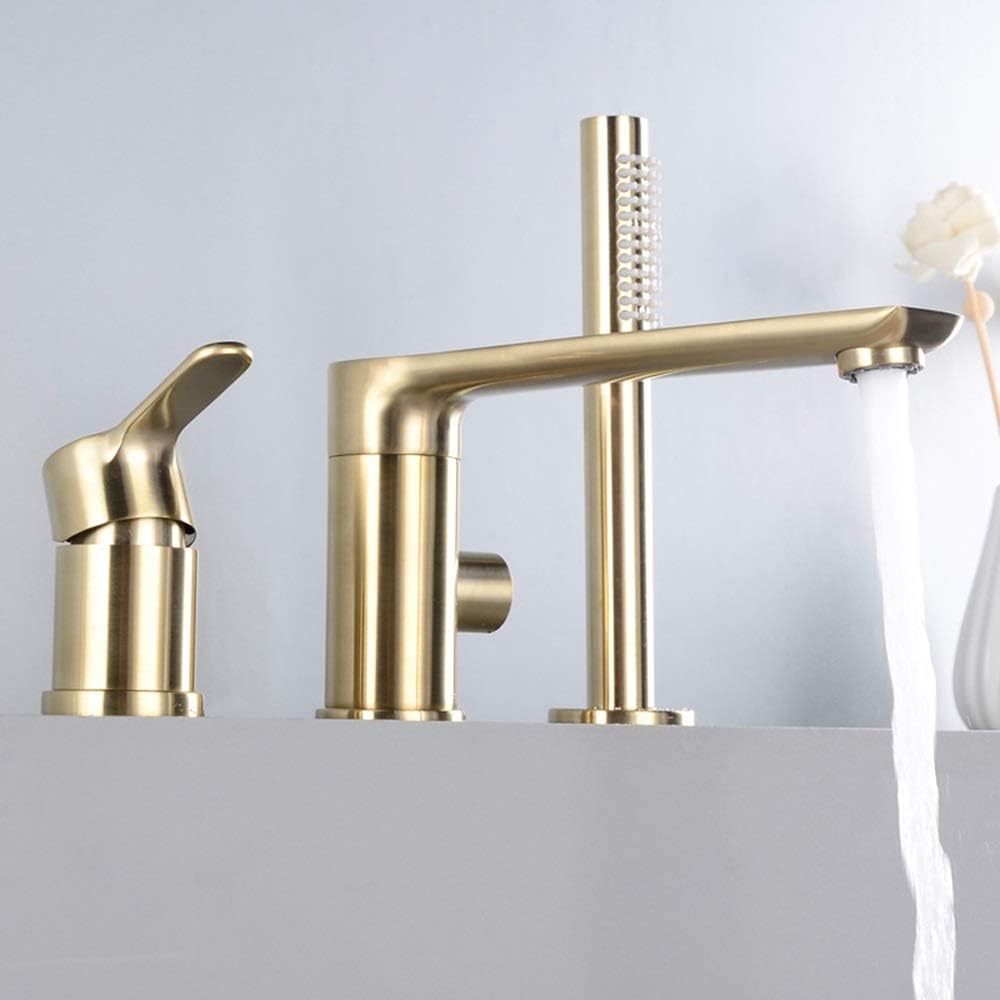 All Copper Drawing Gold Split Bathtub Faucet Hand Shower Faucet Hot and Cold Three-Piece Suit with Three Holes Kitchen Faucet