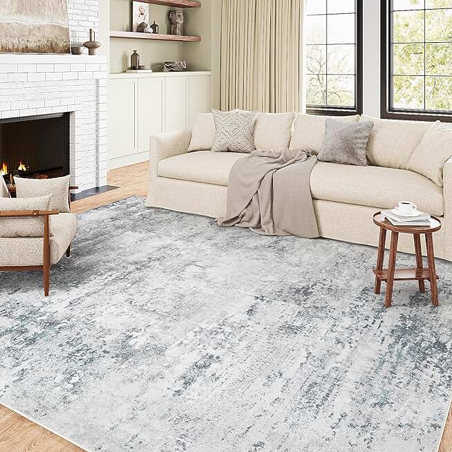 9x12 Washable Rugs Grey Blue Living Room Large Area Rug Indoor Accent Rug Abstract Non Slip Low Pile Carpet Distressed Throw Rug for Bedroom Living Room Office Dining Room Kitchen Laundry Room