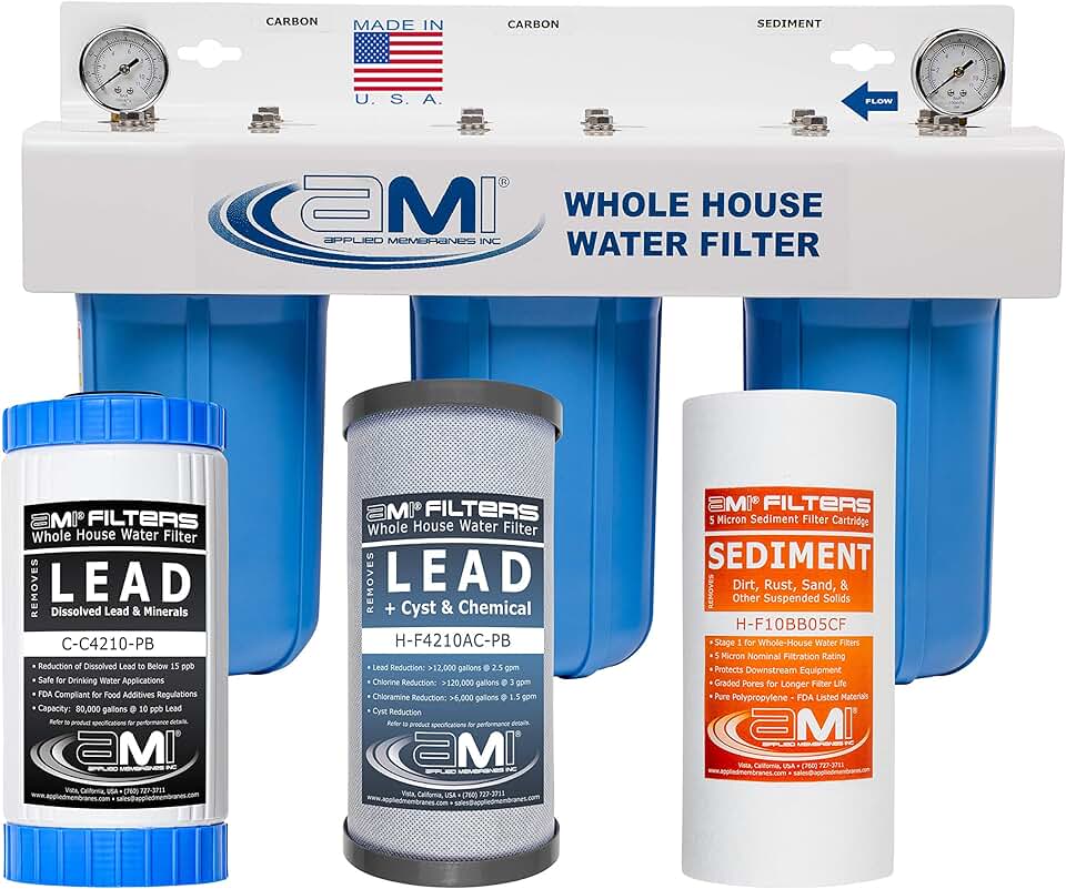 APPLIED MEMBRANES INC. 3-Stage Whole House Water Filter System | 4.5x10-Inch Filters Removes, Dissolved & Undissolved Lead, Sediment, Chlorine, Chloramine, Chemicals, Taste, Odor