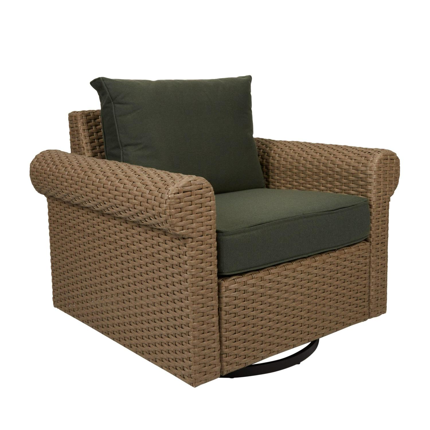 allen + roth Emerald Cove Wicker Brown Steel Frame Swivel Glider Conversation Chair with Green Cushioned Seat