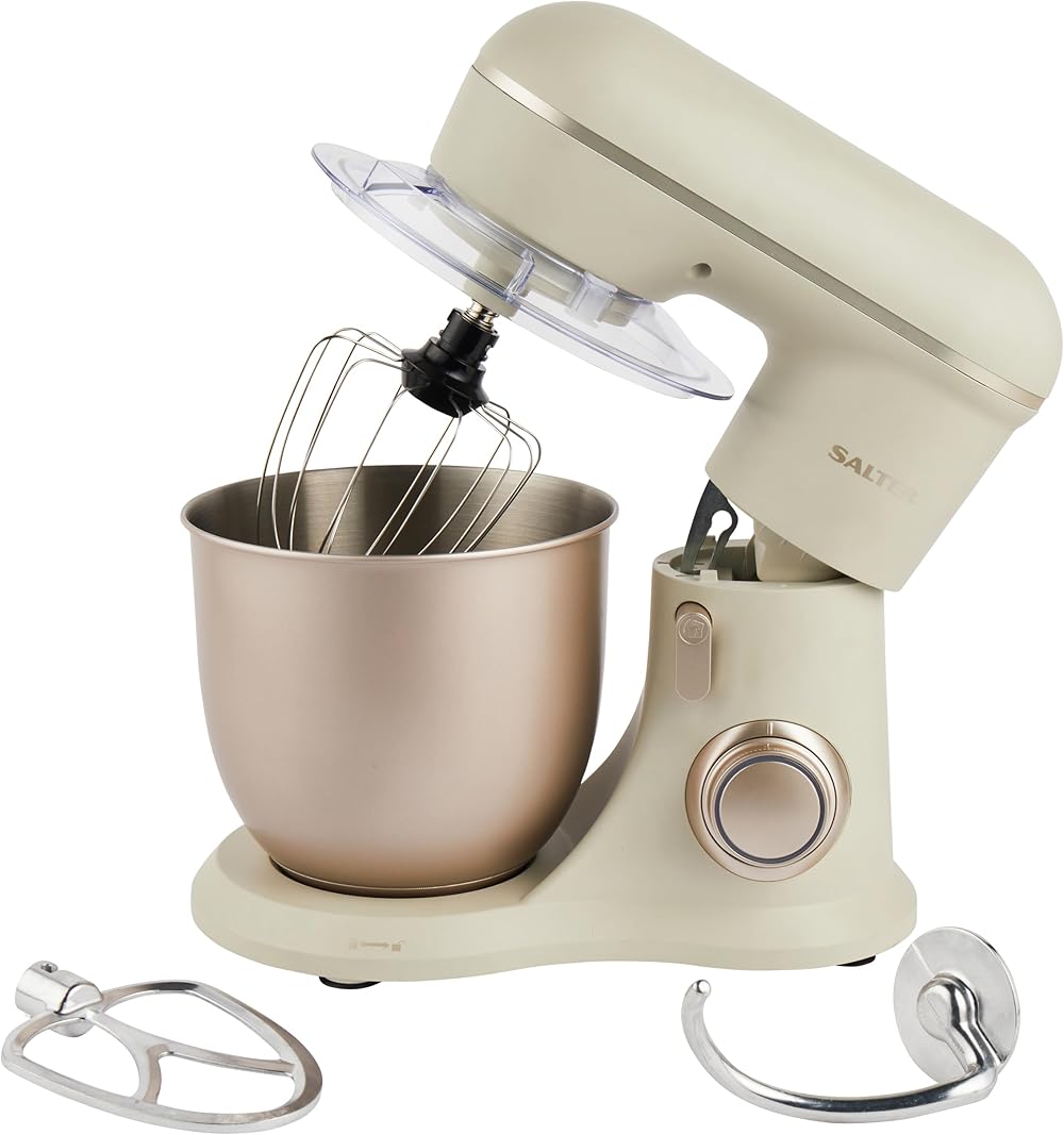 Salter EK5511SBOVDE Bakes Electric Stand Mixer – 4 Litre Mixing Bowl, 10 Speed Settings with Pulse Function, Variable Speed Dial, Splash Guard, Whisk, Dough Hook, and Beater Attachments, 1300W
