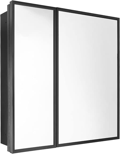 Movo 30 Inch x 27 Inch Black Farmhouse Medicine Cabinet with Miroor Metal Framed Recessed or Surface Bathroom Rectangle Tilting Beveled Vanity Mirros for Wall