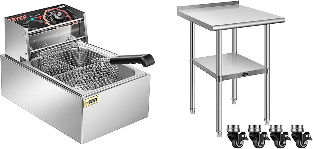 VIVOHOME 2500W 10.6 QT Electric Deep Fryer with 6.3 QT Removable Basket with VIVOHOME Stainless Steel Work Table with Backsplash, Food Prep Commercial Table with Wheels (24 x 24 x 36 Inch)