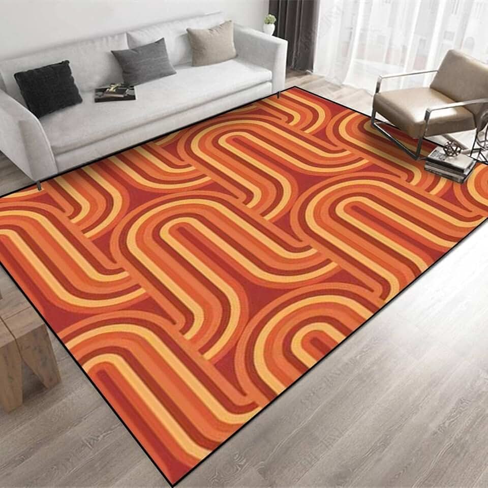 Large Area Rugs 6x9ft, 70s Retro Vintage Mid Century U Shape Bedroom Rug, Sun Orange Geometric Indoor Large Living Room Carpet, Soft and Comfortable for Living Room Office Indoor Outdoor