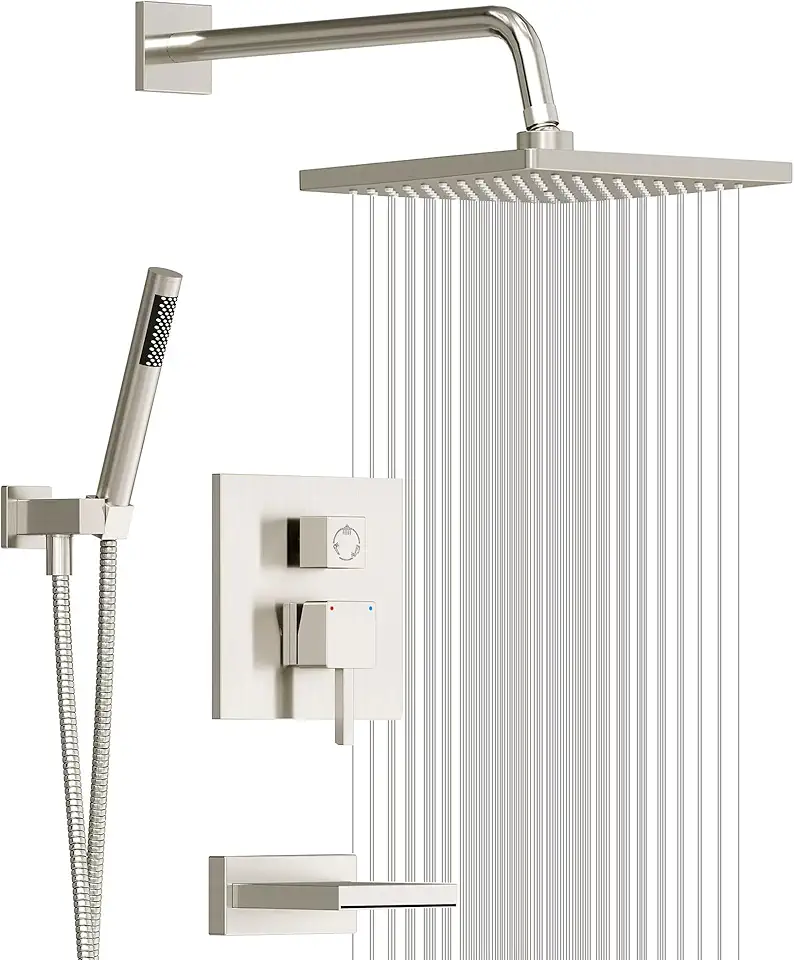 Esnbia Shower System with Tub Spout, Wall Mounted Bathtub Shower Faucet Set, 10 Inch Rain Shower Head and Handheld Shower Head Set, High Pressure Tub Shower Kit with Shower Valve, Brushed Nickel