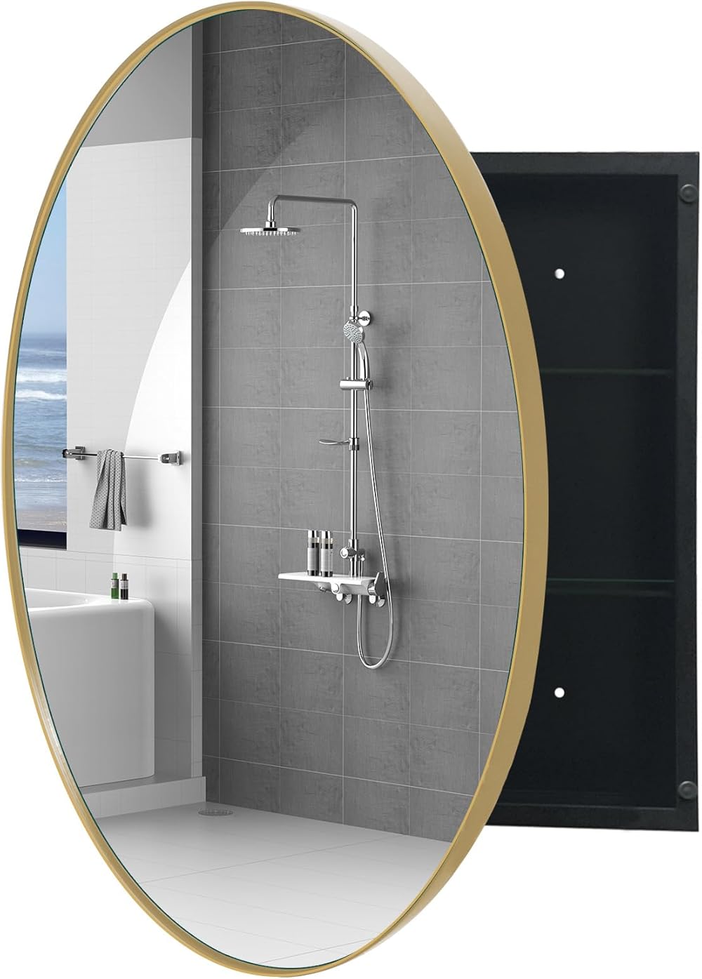 FOAMYKO 30 Inch x 30 Inch Round Medicine Cabinet, Circular Bathroom Mirror Cabinet, Wall Surface Mounted Storage Farmhouse Cabinet with Gold Frame Mirror