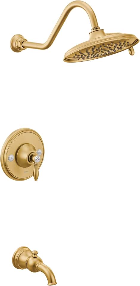 Moen TS32104BG Weymouth Posi-Temp Tub and Shower Trim Kit, Valve Required, including 9-Inch 2-Spray Rainshower, Brushed Gold