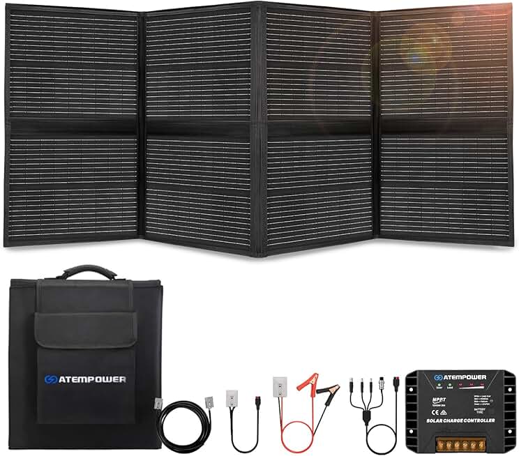 ATEM POWER 200W Portable Solar Panel - Foldable Solar Charger Monocrystalline with 20A MPPT Charger Controller 5V USB Output for 12V Batterires/Power Station Outdoor Camper RV Off Grid