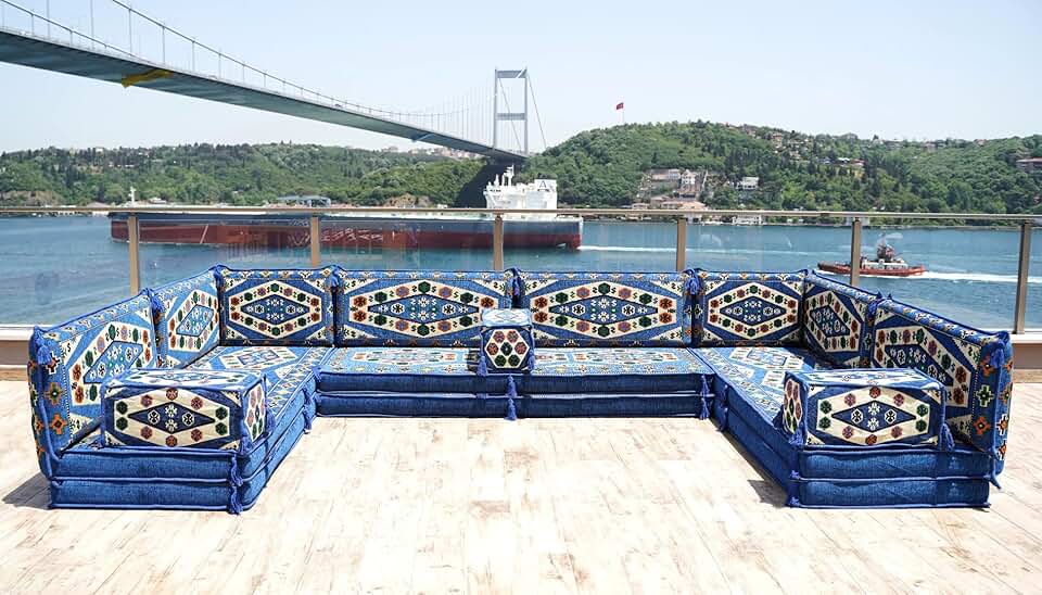 U Shaped Floor Cushions Set, Patio Sofas, Oriental Sofa, Ethnic Sofa, Moroccan Rug, Sectional Sofas, Arabic Seating Set, Diwan Sofa (8'' Thickness Sofa, U Sofa Only, Royal Blue)