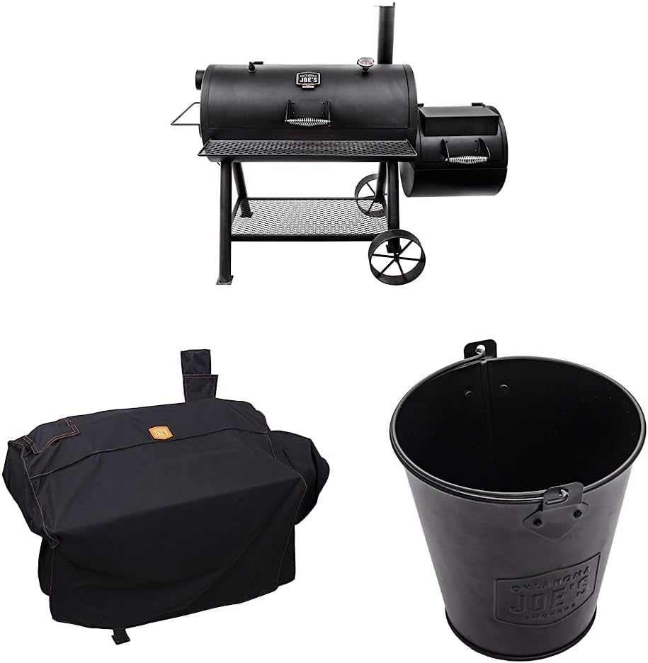 Oklahoma Joe's Longhorn Reverse Flow Smoker, Black & 2855872P04 Longhorn Reverse Flow Anthem Series Rip-Stop Offset Smoker Cover, Black & 9518545P06 Drip Bucket, Black