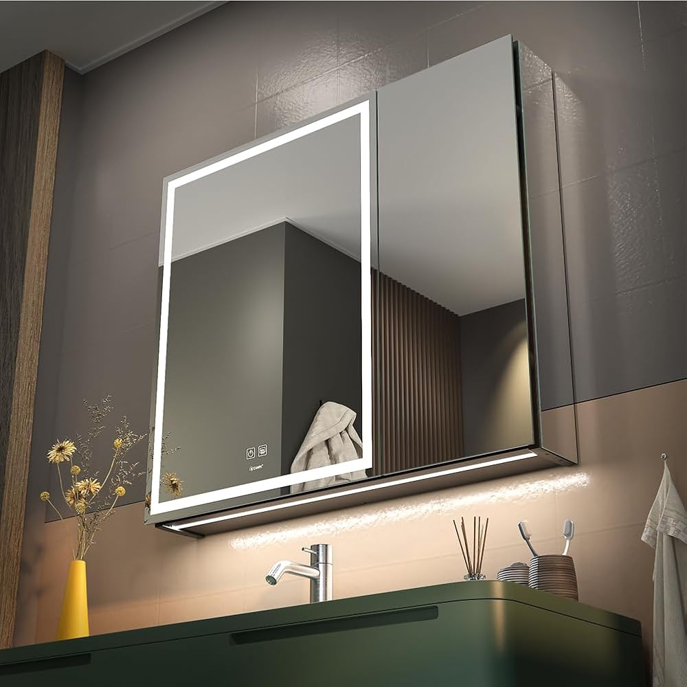 LED Lighted Bathroom Medicine Mirror Cabinet with Sockets & USBs, Anti-Fog Dimmable Light and Color Adjustment, Antirust and Easy to Install Aluminum Cabinet (30 * 28 inch