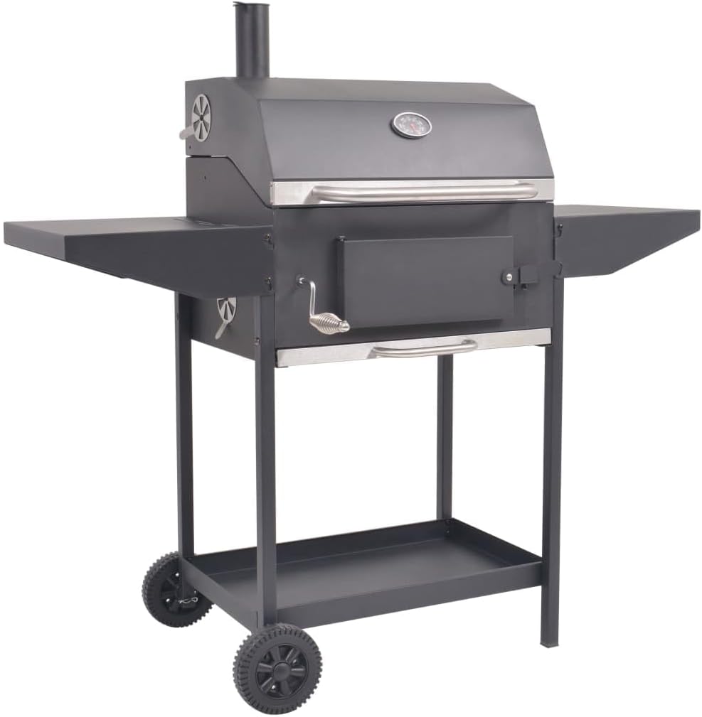 vidaXL BBQ Charcoal Smoker, Robust Heavy-duty Construction, Excellent Heat-retention, Integrated Hood Thermometer, with Side Tables and Bottom Shelf, Easy to Move, Black