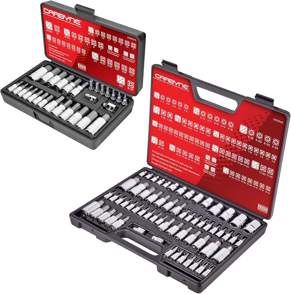 CARBYNE 62 Piece Master Torx Bit Socket Set & Torx External Socket Set AND 28 Piece Tamper-Proof Hex Bit Socket Set. 90 Pieces – Torx & Hex Bit Sockets.