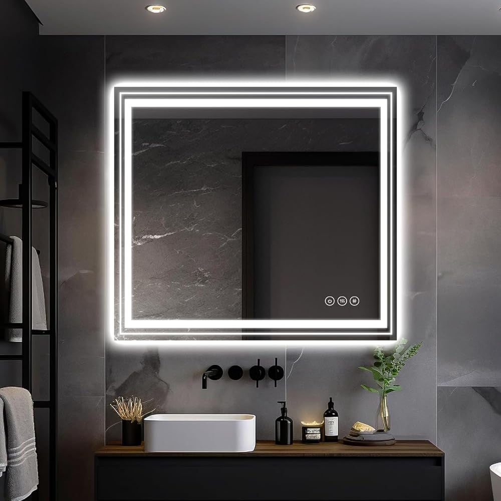 LED Backlit Bathroom Mirror with Lights 40x36 Inch Lighted Vanity Mirrors for Bathroom Wall, Anti-Fog LED Mirrors 3 Colors Dimmable CRI90+ Memory Function, Tempered Glass Horizontal/Vertical