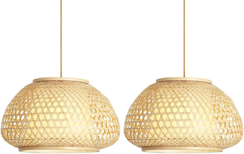 2-Pack Rattan Hanging Light, Farmhouse Weave Chandelier Fixture E26 Pendant Lights for Kitchen Island Bamboo Suspended Ceiling Lights for Bedroom Dining Room Bar Restaurant