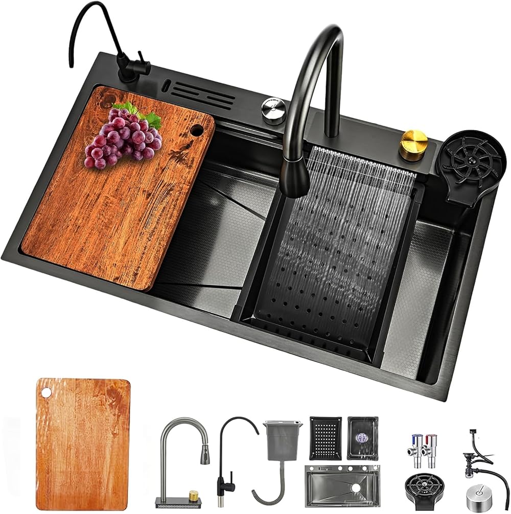 Waterfall Kitchen Sink Workstation, Stainless Steel Nano Sink, Black Kitchen Sinks with Cup Washer, With Pull Down Sprayhead Faucet Draining Basket Chopping Board, Modern Kitchen Sink(31.5x17.7in)