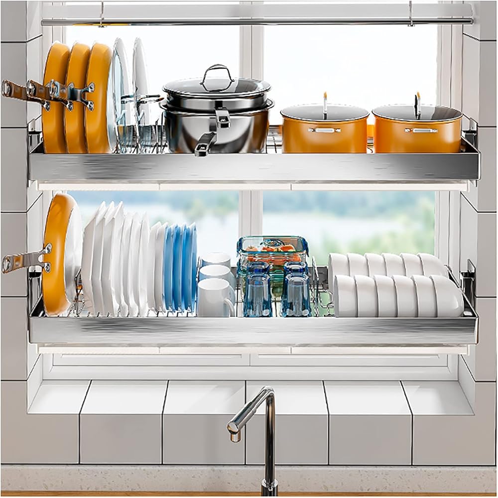 Dish Drying Rack Over The Sink Dish Drying Rack,2 Tier Stainless Steel Dish Rack Drainer,Kitchen Counter Supplies Storage,for Plates Bowls Pots (Color:Silver-A,Size:75Cm)