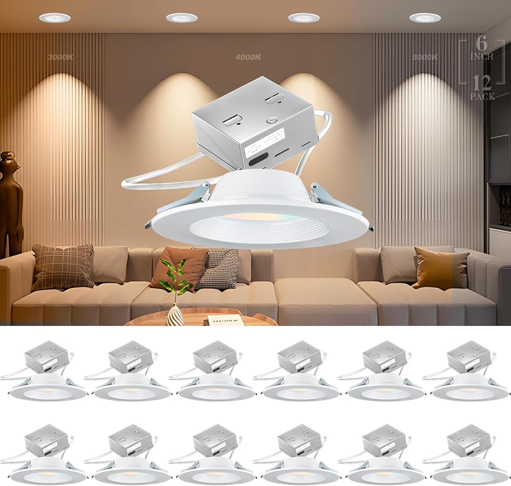 12 Pack 𝗠𝗲𝘁𝗮𝗹 LED Recessed Lighting 6 inch 140lm/w (high efficency) LED Canless Lights Dimmable Resseced Light Fixtures, CRI90 3000K/4000K/5000K Adjustable Can-Killer Downlight -IC Rated ETL