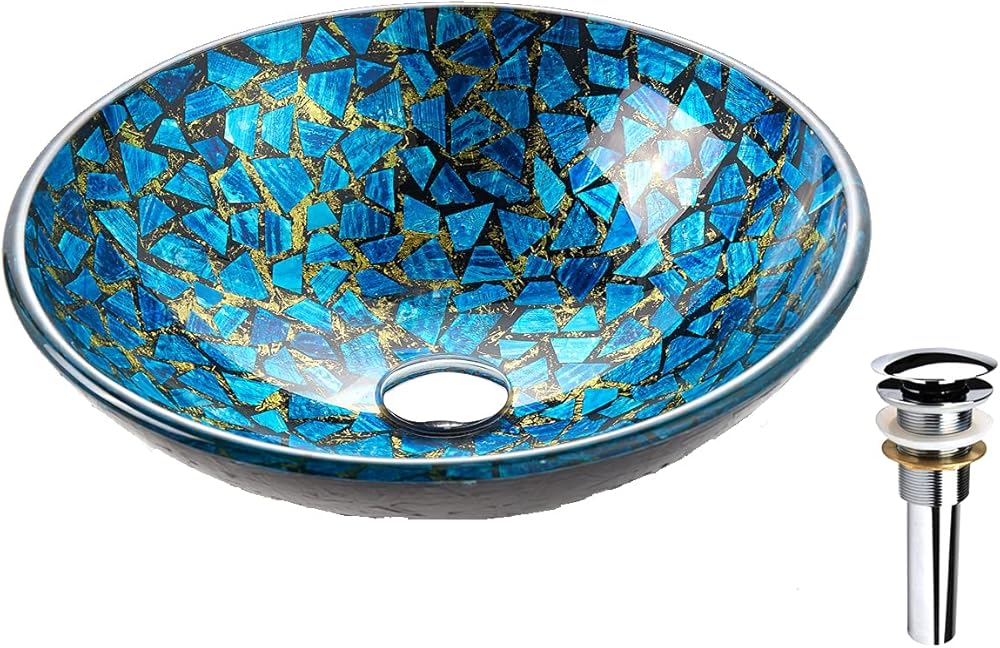 Hyacin Series Round Tempered Mosaic Deco Glass Vessel Bathroom Sink in Starry Blue | Top Mount Sinks Above Countertop | Vanity Countertop Sink Bowl with Pop Up Drain |FW-LA602
