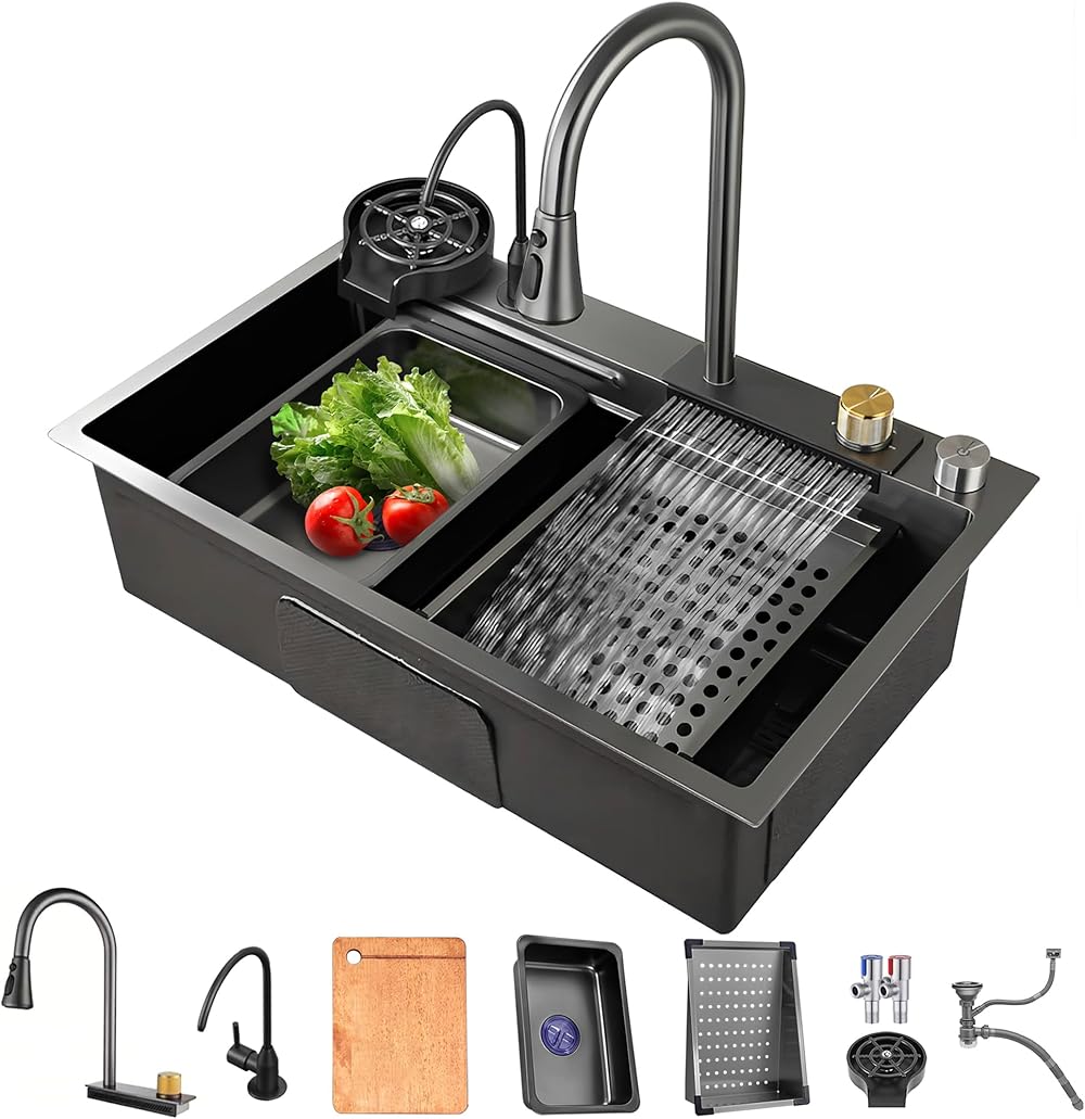 Drop In Kitchen Sink Gunmetal Gray Stainless Steel Waterfall Kitchen Sink with Pull Down Sprayhead Faucet Single Bowl Kitchen Sink Workstation with Multiple Accessories (31.5 x 17.7 inch)