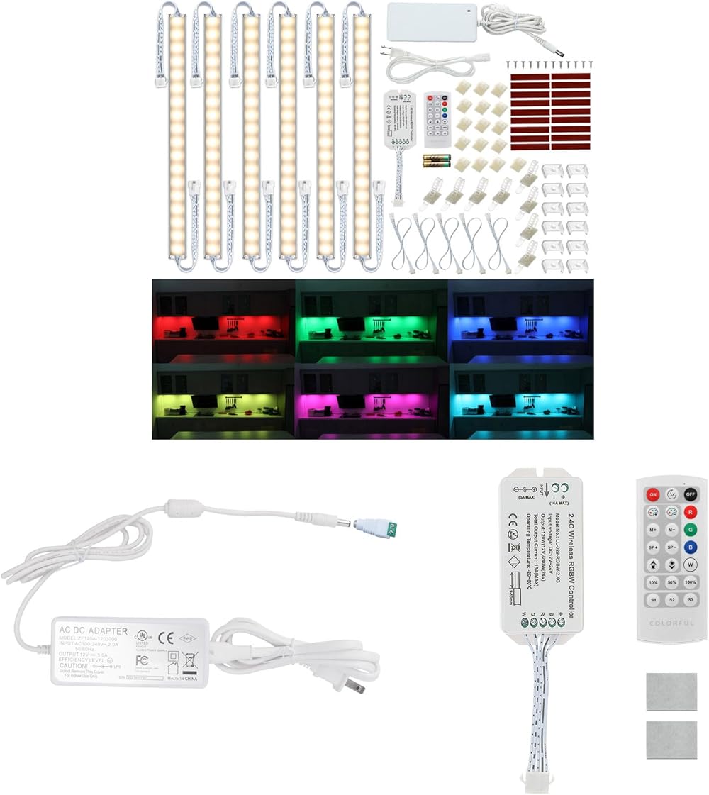 Litever RGB+Cool White 4000K 6-Light-Bar Under Cabinet Light Kits Extra Adapter Extra Controller