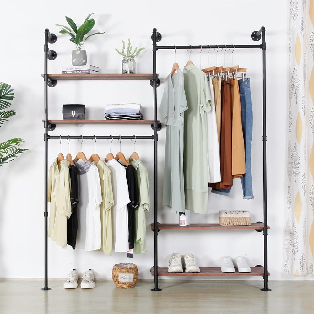 Industrial Pipe Double Hanging Rods Clothing Rack with 4 Tier Shelves, Heavy Duty Garment Rack Display Rack On Wall for Hanging Clothes Retail Display, Black