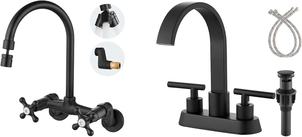 Airuida Matte Black Wall Mount Kitchen Sink Faucet 6 Inch Center Wall Mounted Kitchen Faucet 4 Inch Centerset Bathroom Faucets,2 Handle Bathroom Sink Faucet
