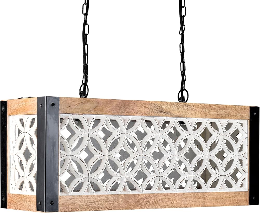 Cottage Chic Rectangle Farmhouse Pendant Light, Farmhouse Kitchen Light Fixtures, Wooden Rectangle Chandeliers for Dining Room, Hanging Industrial Pendant Light for Kitchen Island, Cafe Bar, Hallway