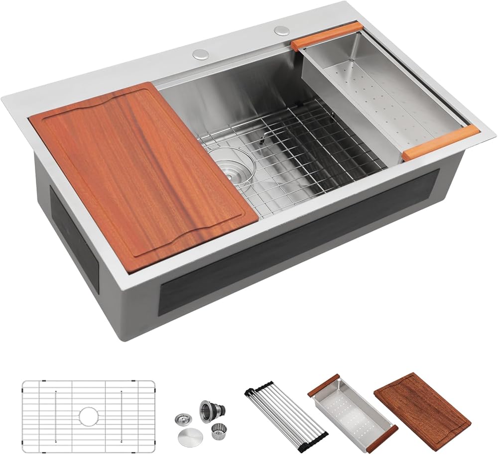 Dcolora 33x22 Drop In Kitchen Sink Workstation 16 Gauge 304 Stainless Steel Single Bowl Topmount Sinks, Round Corner 33