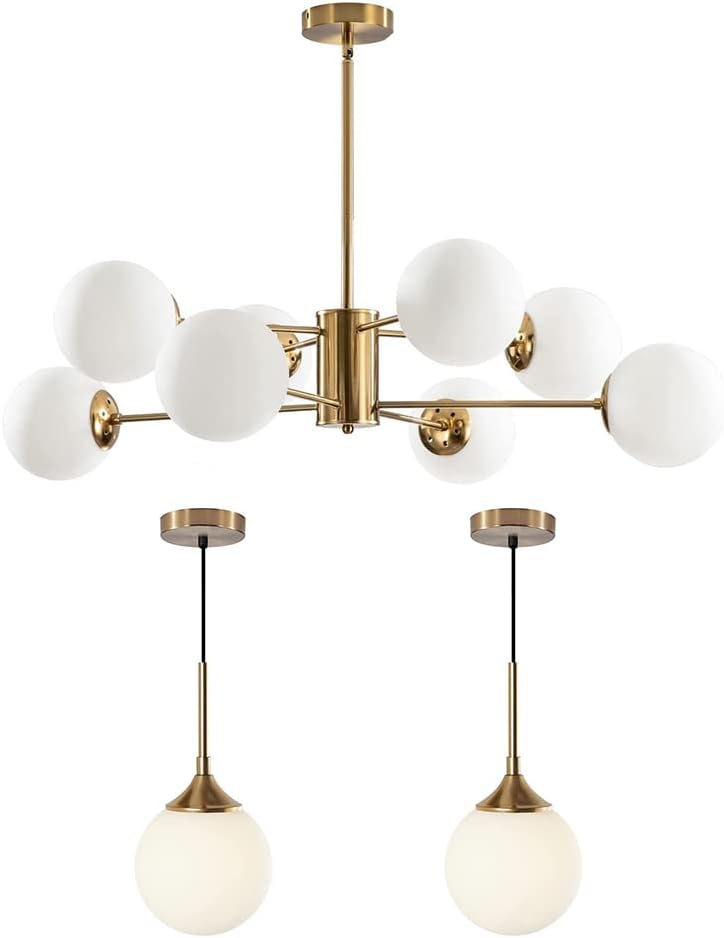 KCO Lighting Mid Century Modern Glass Pendant Light 1-Light Large Gold Globe Chandelier Pendant Lighting Brushed Brass Adjustable Ceiling Hanging Lighting Fixture (White)