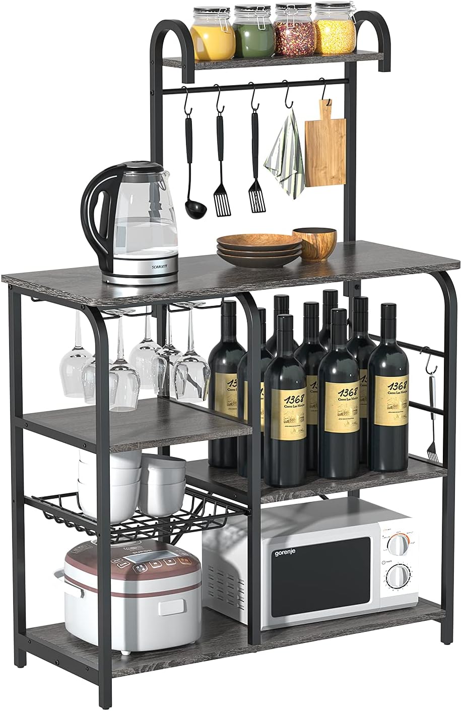 Kitchen Baker's Rack, 5-Tier Kitchen Storage Shelf Rack with 6 Hooks, Microwave Oven Stand Rack, Floor Standing Spice Rack Organizer Workstation, Black