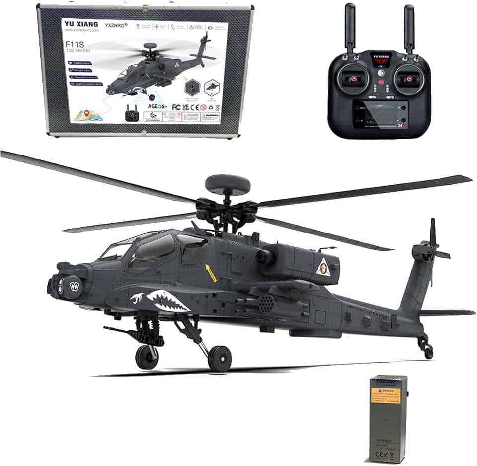 YUXIANG F11-S AH64 RC Helicopter, 1:32 6CH Remote Control Aircraft with Dual-Axis Co-Drive Flybarless 6G/3D Stunt GPS Smart Military Airplane Toys Gift for Adults