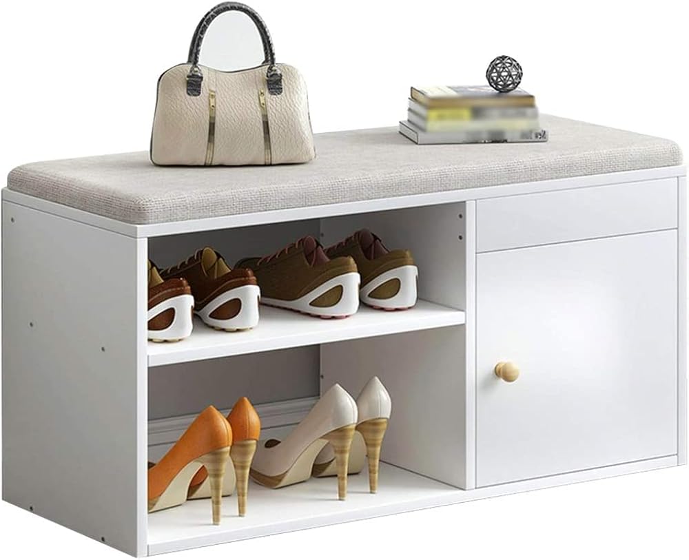 Shoe Storage Bench Entryway Hallway Furniture, Shoe Bench Rack Organizer Simple Geometric Frame, Shoe Replacement Stool With Cotton And Linen Cushions, Household Shoe Stool(White,60*30*51cm)