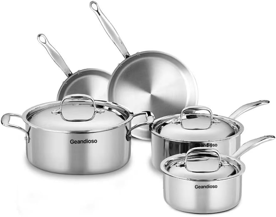 5-Ply Stainless Steel Cookware Set - 8 Piece, Professional Grade Kitchen Cookware 5-Ply Clad Full Surface Cooking Induction Safe, Dishwasher and Oven Safe 600F Pots and Pans, Silver