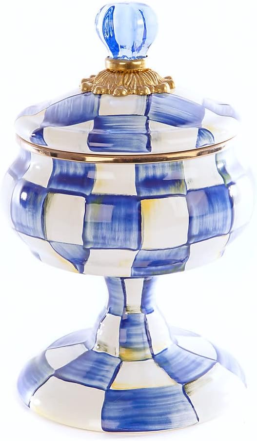 MACKENZIE-CHILDS Enamel Curiosity Pot, Decorative Container for Home Decor, Blue-and-White Royal Check