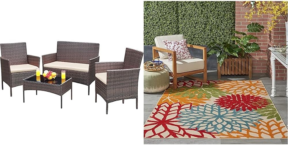 Greesum Patio Furniture 4 Pieces Conversation Sets, Brown and Beige & Nourison Aloha Indoor/Outdoor Green 3'6