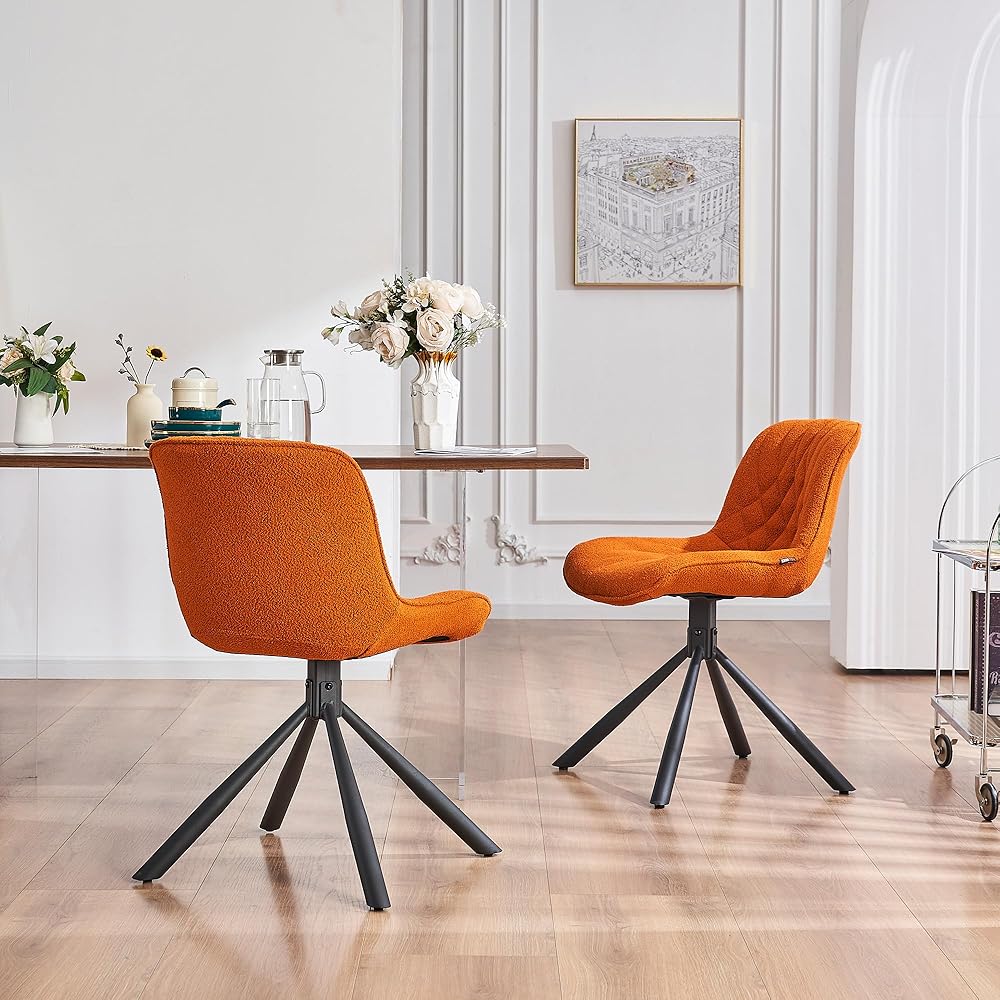 Mid Century Modern Dining Chairs Set of 2, Upholstered Dining Room Chairs with Sturdy Metal Legs, Boucle Armless Accent Side Chairs for Kitchen, Living Room, Orange