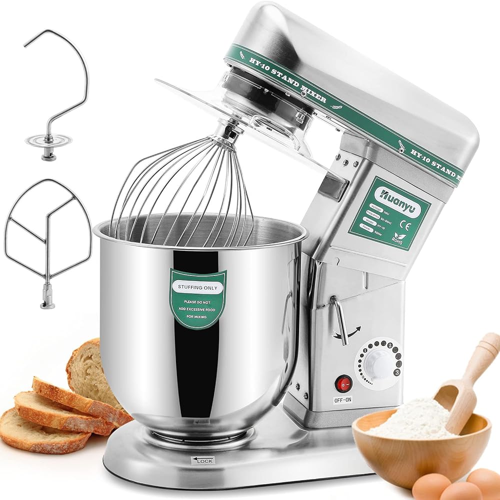 Huanyu Commercial Stand Mixer 10QT 500W Electric Dough Blender with Stainless Steel Bowl Dough Hook Flat Beater Whisk 3 In 1 Multifunctional Food Mixing Machine 180 °Agitating Home Use 110V USplug