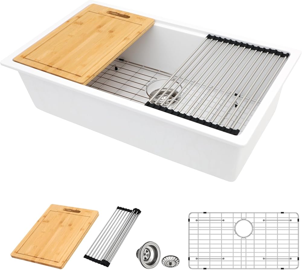 33 Granite Composite Kitchen Sink - Donsdey 33 Inch Kitchen Sink Undermount Granite Composite Ledge Workstation White Quartz Classic Under Counter Single Bowl Sink Basin