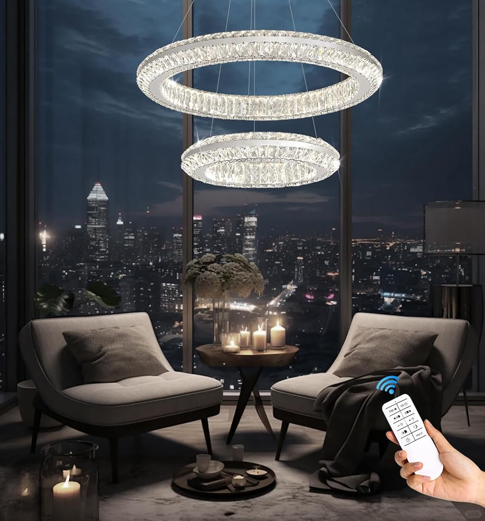 Flashing God Large Crystal Chandeliers Modern Crystal Ring Adjustable Pendant Light Round Ceiling Light for Bedroom Dinning Room Dimmable Led 2700k 4500k 6000k 2 Rings (20