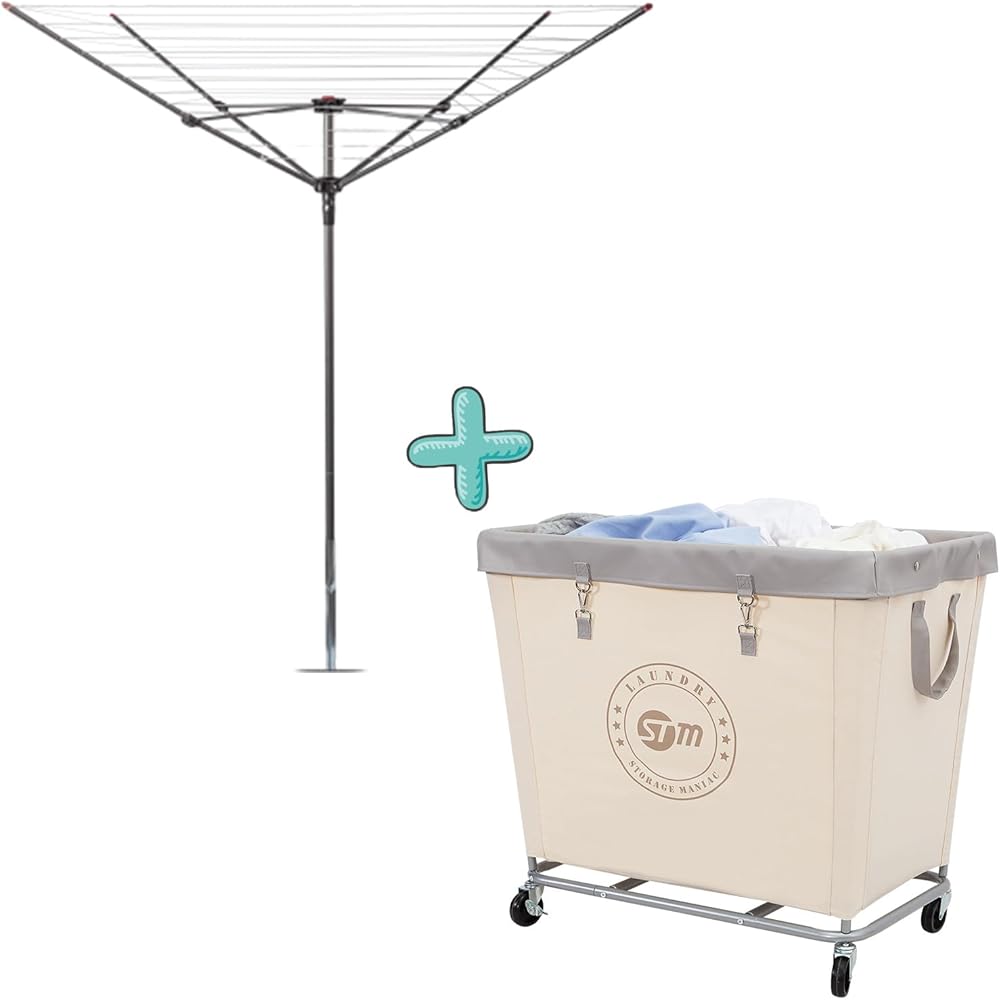 STORAGE MANIAC Umbrella Drying Rack and Large Industrial Laundry Cart Set - Robust Laundry Solution with Ample Capacity and Versatile Storage Options for Homes, Hotels, and More