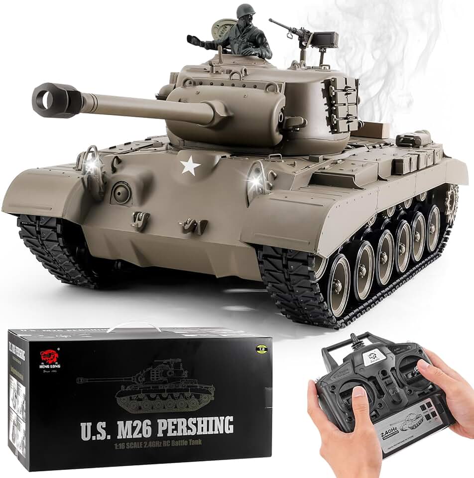 Remote Control Tank, Henglong US M26 Pershing Heavy Tank, 1/16 2.4Ghz RC Tank That Shoots, RC Tanks Vehicles Model with Sound & Light for Ages 14+