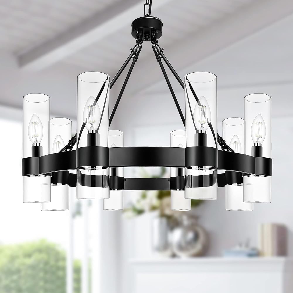 8-Light Black Wagon Wheel Chandelier, Modern Farmhouse Glass Lighting Fixture, Round Industrial Hanging Pendant Light for Living Room, Dining Room, Kitchen Island, Entryway, Foyer