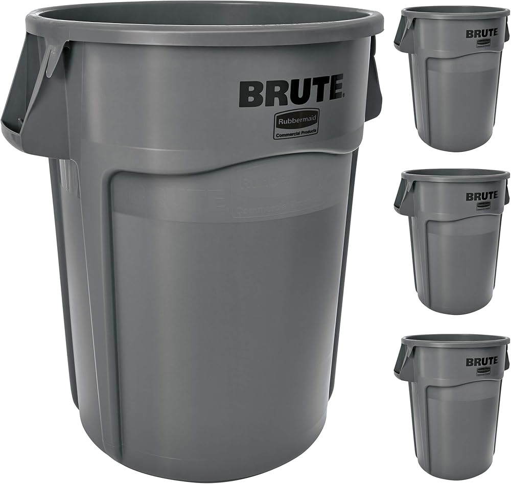 Rubbermaid Commercial Products BRUTE Heavy-Duty Trash/Garbage Can, 44-Gallon, Gray, Wastebasket for Home/Garage/Bathroom/Outdoor/Driveway, Pack of 4