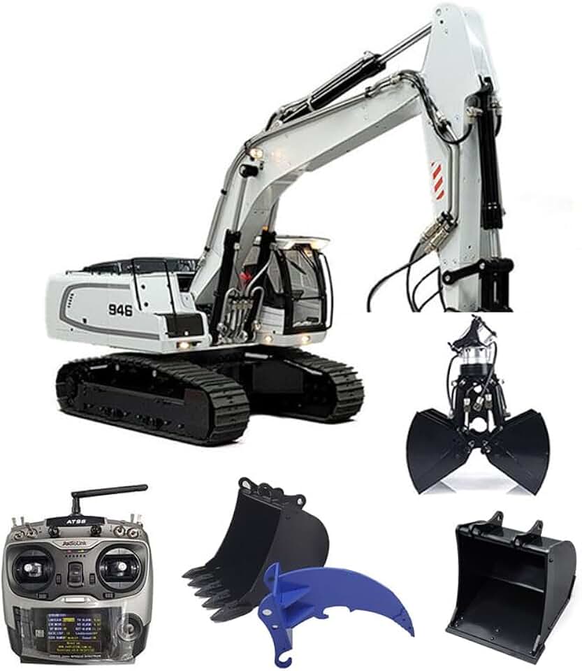 1/14 RC Hydraulic Excavator 946 2-Section Boom Remote Control Construction Machine Model Metal Ripper Bucket AT9S Remote Control RC Heavy Equipment RC Hydraulic Machine(White)