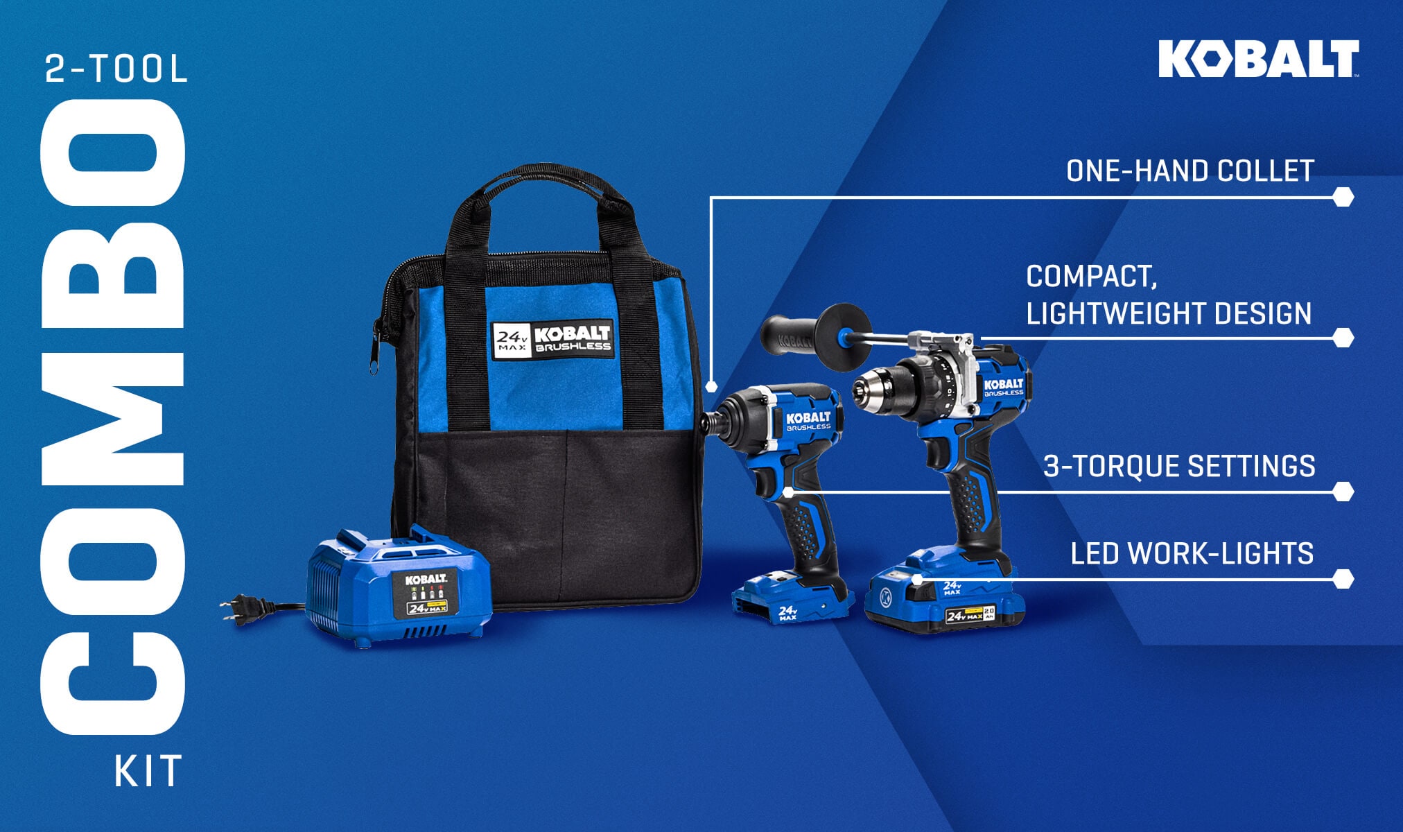Kobalt Next-Gen 2-Tool Brushless Power Tool Combo Kit with Soft Case (1-Battery Included and Charger Included)